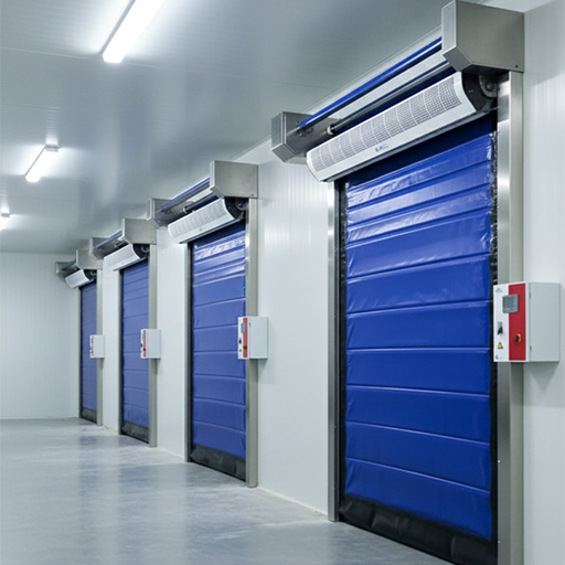 Roll up freezer doors integrated with conveyor equipment