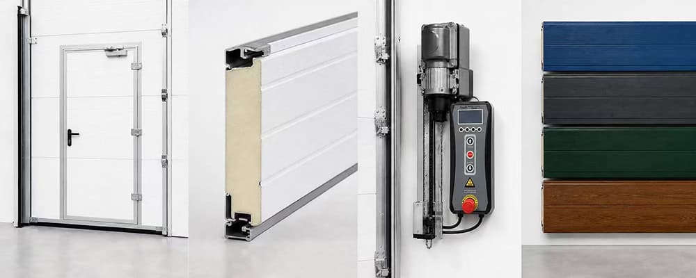 Industrial sectional door customization options including wicket door, insulated panel, drive motor, and custom finishes