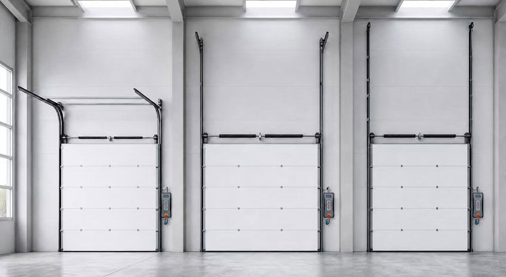 Industrial sectional doors with standard lift, high lift, and vertical lift track configurations