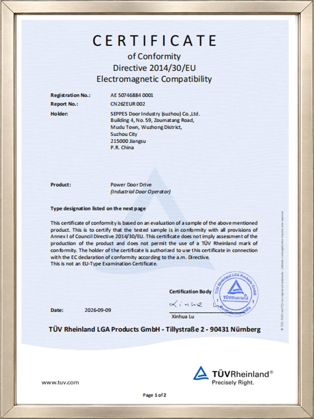 SEPPES TUV certificate