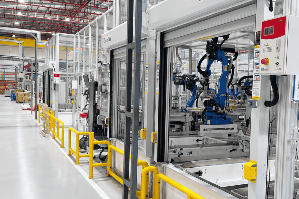 SEPPES high speed door installed in robotic automation cell for industrial manufacturing