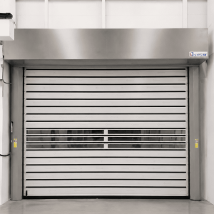 High speed door with vision panel for industrial visibility and safety